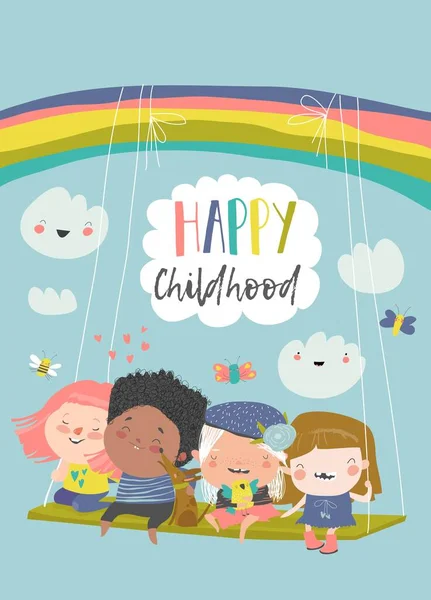 快乐的孩子们在彩虹上荡秋千 — 图库矢量图片