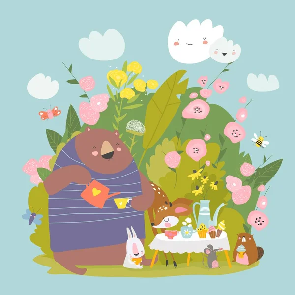 Divertidos animales de dibujos animados bebiendo té en arbustos de rosas — Vector de stock