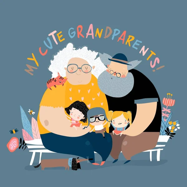 Szczęśliwi dziadkowie z wnukami siedzącymi na ławce — Wektor stockowy