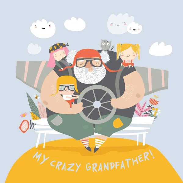 Verrückter Großvater mit Enkeln, die Flugzeugpiloten spielen — Stockvektor