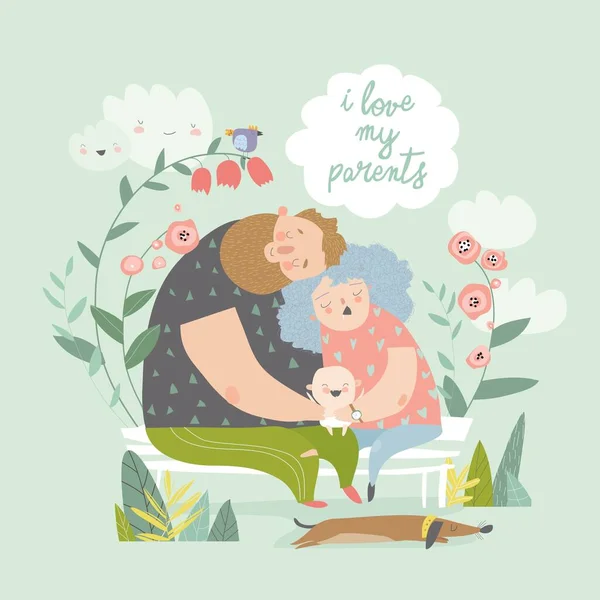 Müde Eltern umarmen ihr freudiges süßes Baby — Stockvektor