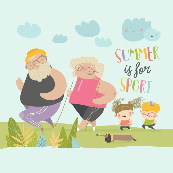 Šťastní prarodiče sportují s malými vnoučaty — Stockový vektor