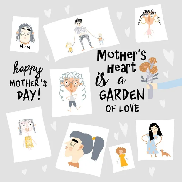 Zeichentrickserie von handgezeichneten Porträts von Müttern — Stockvektor