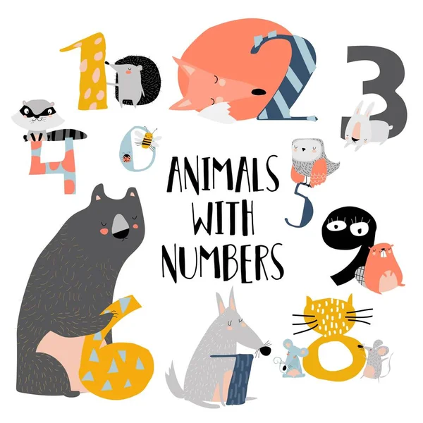 Cartoon illustratie van nummers ingesteld van een tot negen met bosdieren — Stockvector