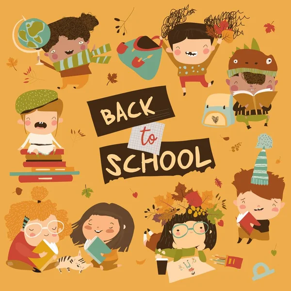 Happy children with school equipment. Back to school — Stock Vector