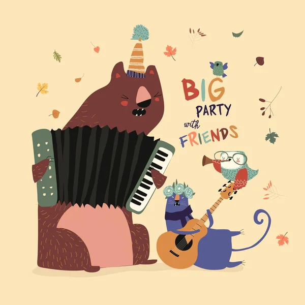 Biglietto di compleanno con simpatici animali che suonano gli strumenti musicali — Vettoriale Stock