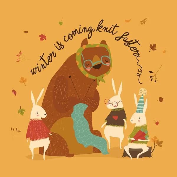 Cartone animato divertente orso maglia per conigli carino — Vettoriale Stock