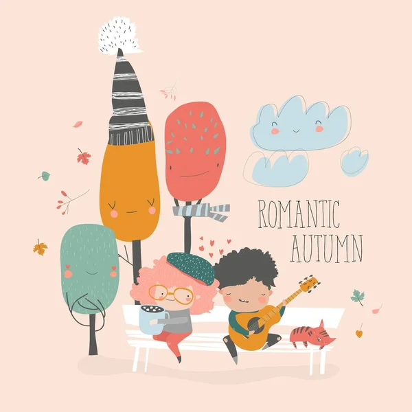 Boy plays guitar for a girl in the autumn park — Stock Vector