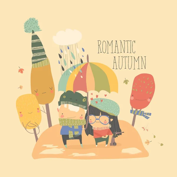 Пара закоханих ходить під парасолькою в осінньому парку — стоковий вектор