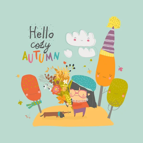 Glückliches nettes Mädchen mit Herbststrauß. Hallo Herbst — Stockvektor