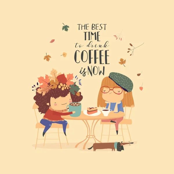 Twee leuke meisjes vrienden drinken koffie in cafe — Stockvector