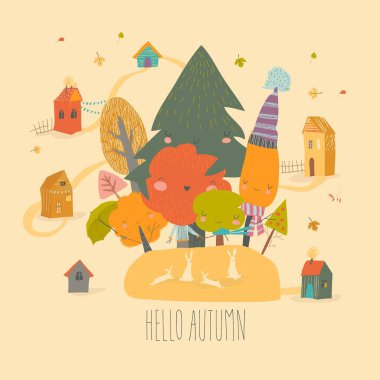 Çizgi film renkli sonbahar ormanı ve küçük tavşanlar.