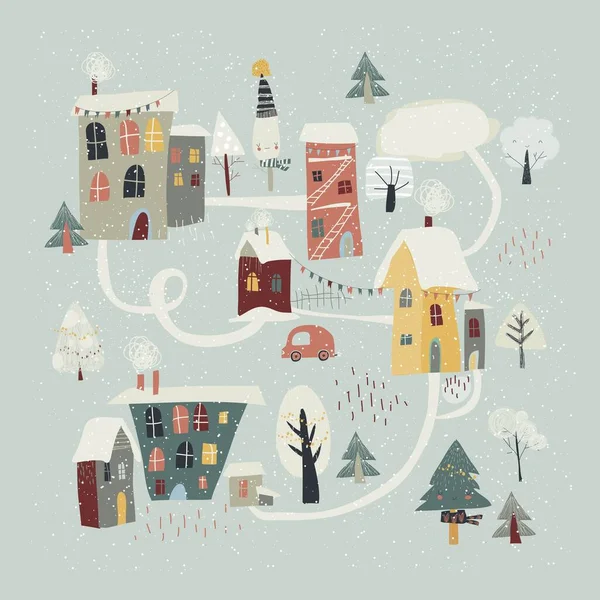 Küçük şirin bir kasaba karla kaplı. Merhaba kış. — Stok Vektör