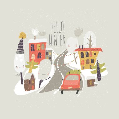 Araba küçük kasabadan geçiyor.