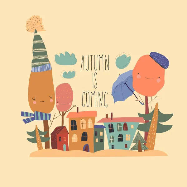 Kota kecil yang lucu dengan pohon musim gugur dalam gaya kartun - Stok Vektor