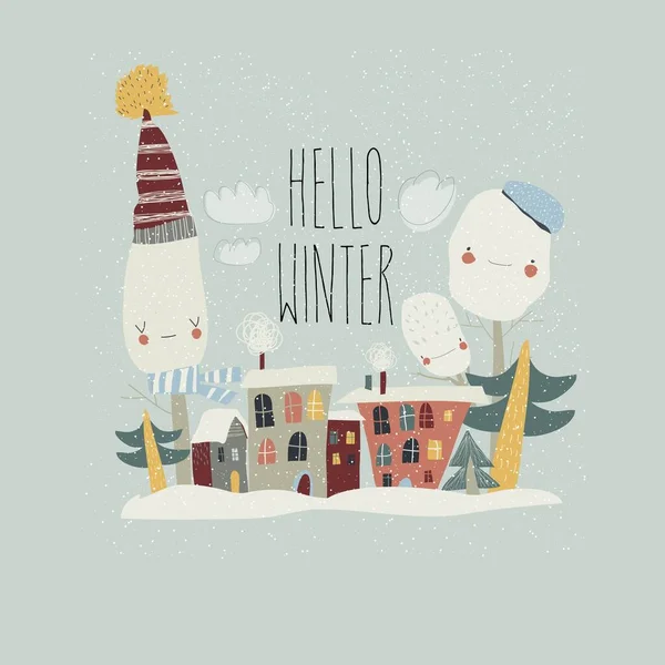 Lindo pueblo cubierto de nieve. Hola invierno — Vector de stock