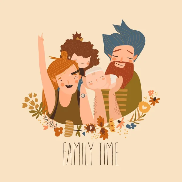 Boldog család. Apa, anya, fiú és lánya. A szülők vigyáznak a gyerekeikre. — Stock Vector