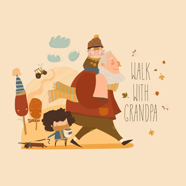 Cartone animato nonno felice a piedi con i suoi nipoti — Vettoriale Stock