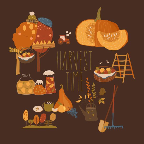 Cartoon set of harvesting time. Hello autumn — Stock Vector