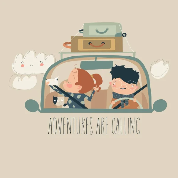 Famille heureuse avec animal voyageant en voiture — Image vectorielle
