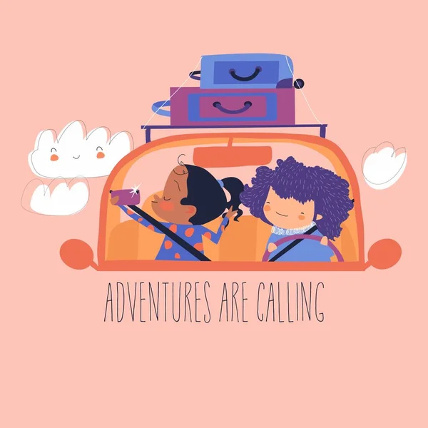 Мультфильм счастливые девушки, путешествующие на машине с багажом — стоковый вектор