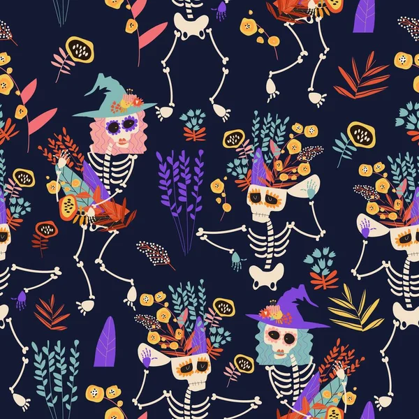 Patrón sin costuras con esqueletos y flores. Feliz Halloween loco — Archivo Imágenes Vectoriales