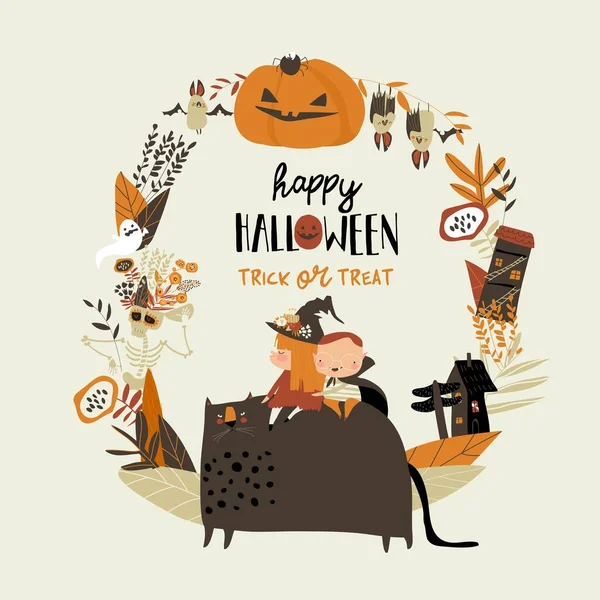 Cartoon koszorú Halloween elemek és karakterek — Stock Vector