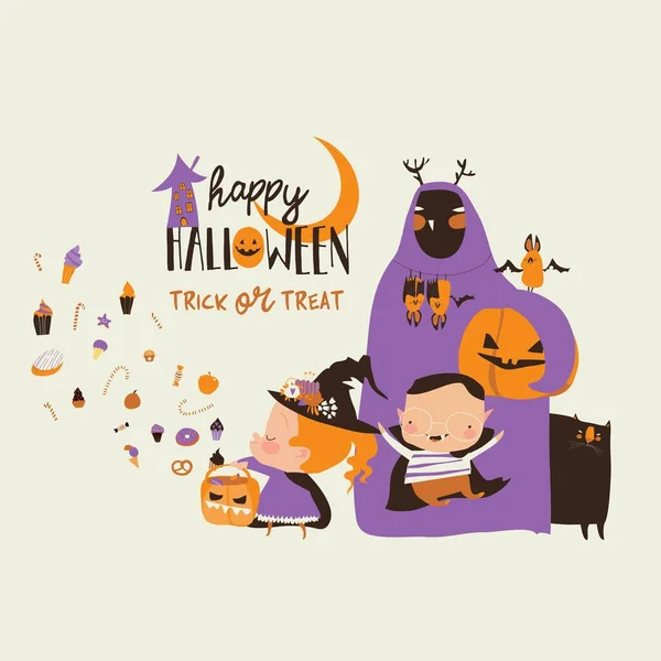 Dibujos animados niños felices truco o trato en disfraz de Halloween — Vector de stock