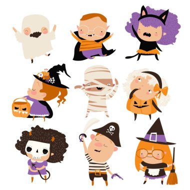 Cute cartoon happy kids in Halloween costumes clipart