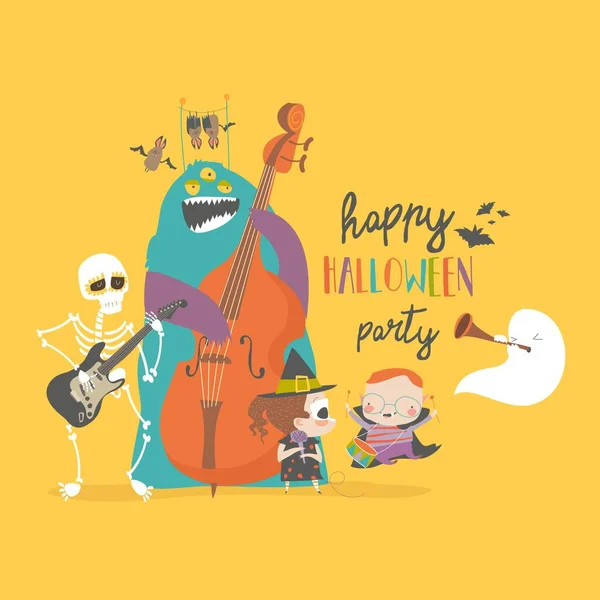 Gek muziek feest met band van cartoon Halloween personages — Stockvector