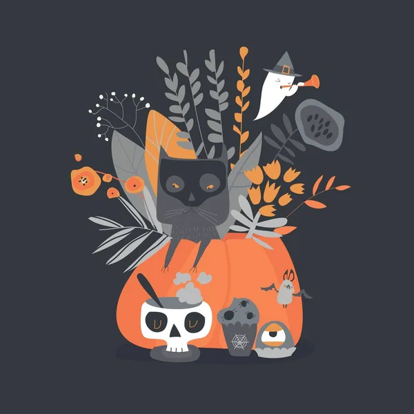 Ilustración de Halloween con calabaza y gato sobre fondo negro — Archivo Imágenes Vectoriales