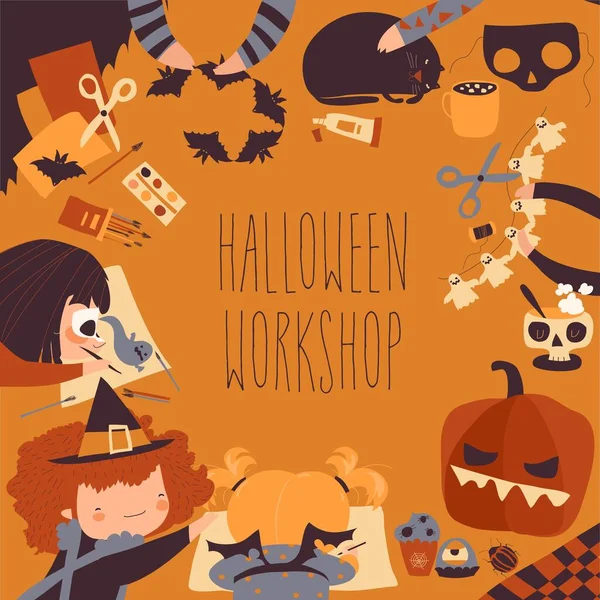 Dibujos animados niños felices preparándose para Halloween loco — Archivo Imágenes Vectoriales