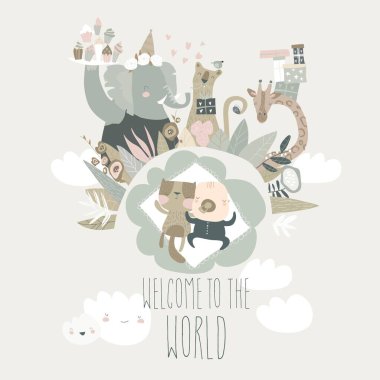 Kediyle uyuyan sevimli küçük çocuk. Bebek partisi.