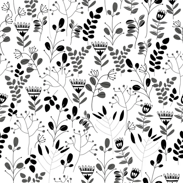 Seamless black and white floral pattern with flowers and leaves — Stock Vector