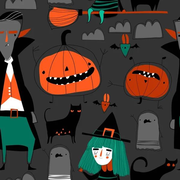 Patrón sin costuras con personajes de Halloween sobre fondo gris — Vector de stock