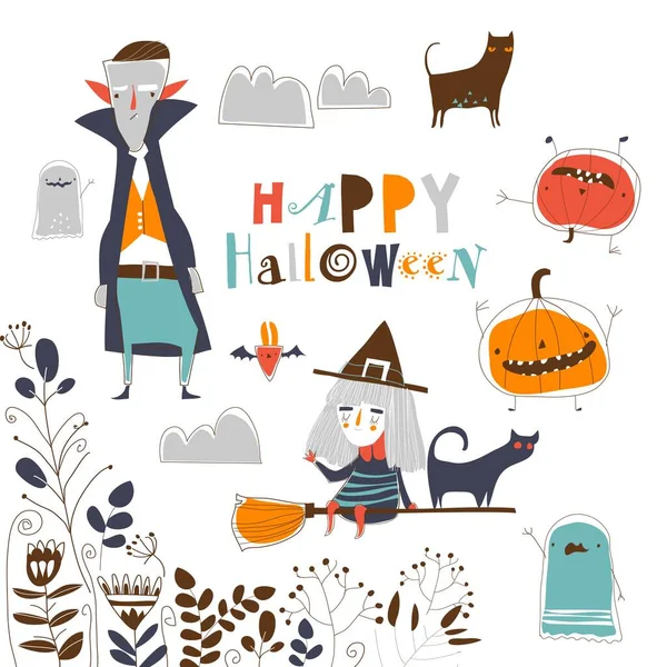 Set van schattige Halloween karakters op witte achtergrond — Stockvector