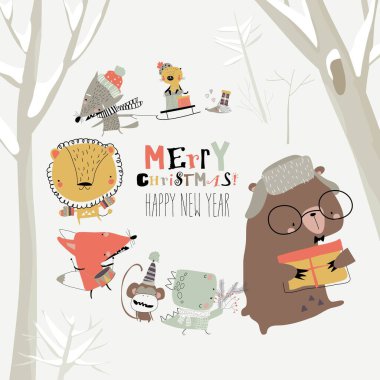 Çizgi filmdeki mutlu hayvanlar ormanda Noel 'i kutluyor.