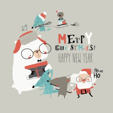 Çizgi filmdeki mutlu hayvanlar Noel 'i Noel Baba ile kutluyor.