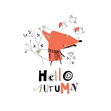 Sonbahar bitkileri ve çiçekleri olan küçük tilki çizgi filmi.