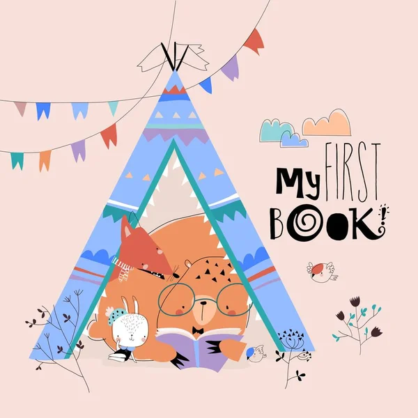 Desenhos animados animais engraçados ler livro em uma tenda teepee — Vetor de Stock