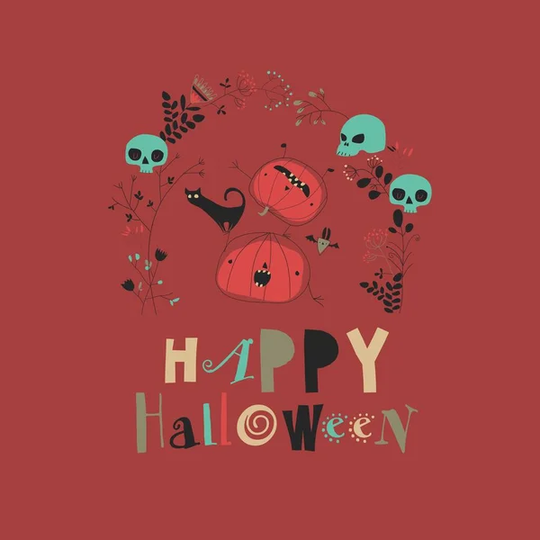 Halloween ilustrace s dýní a kočkou na červeném pozadí — Stockový vektor