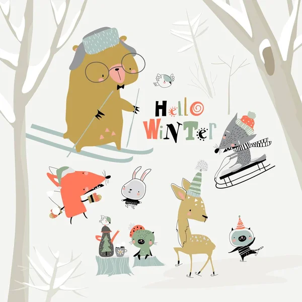 Tekenfilm schattige dieren ontmoeting winter in het bos — Stockvector