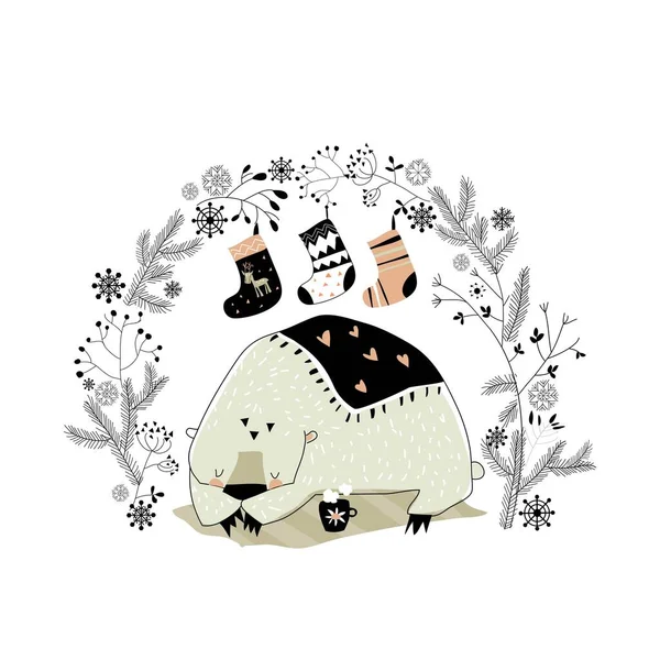 头戴圣诞花环和袜子的卡通北极熊 — 图库矢量图片