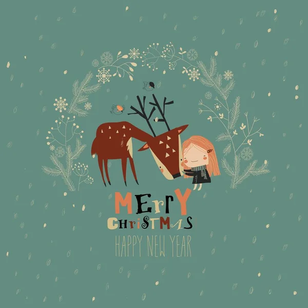 Roztomilé dívka objímající jelena v vánoční věnec — Stockový vektor