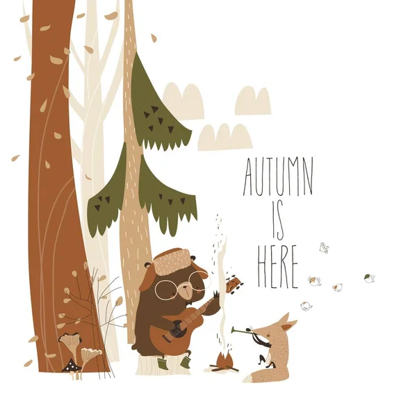 가을 숲에서 화톳불 옆에 앉아 있는 귀여운 여우 — 스톡 벡터