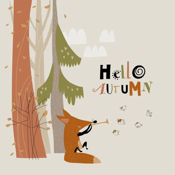 Aranyos róka játszik a pipa a madarak őszi erdőben — Stock Vector
