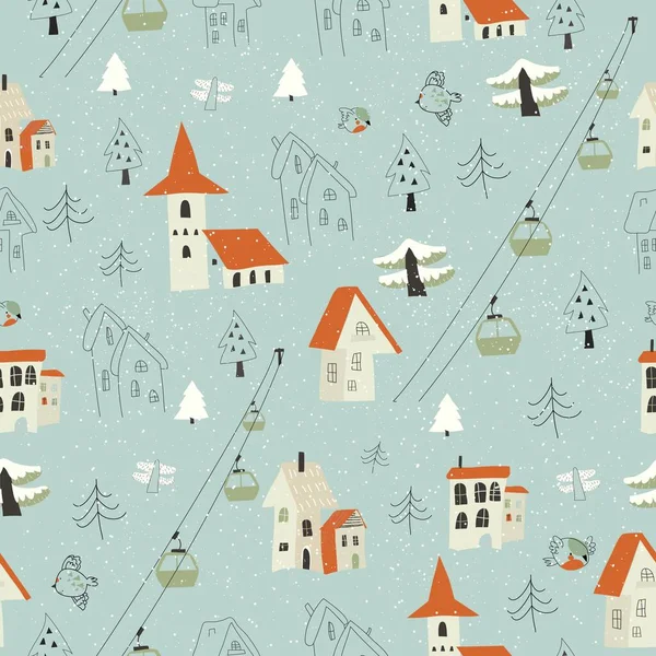 Seamless pattern with village in the forest on a background of mountains — Stock Vector