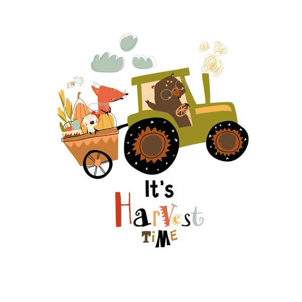 Cartoon happy animals riding on tractor with Harvest - Stok Vektor