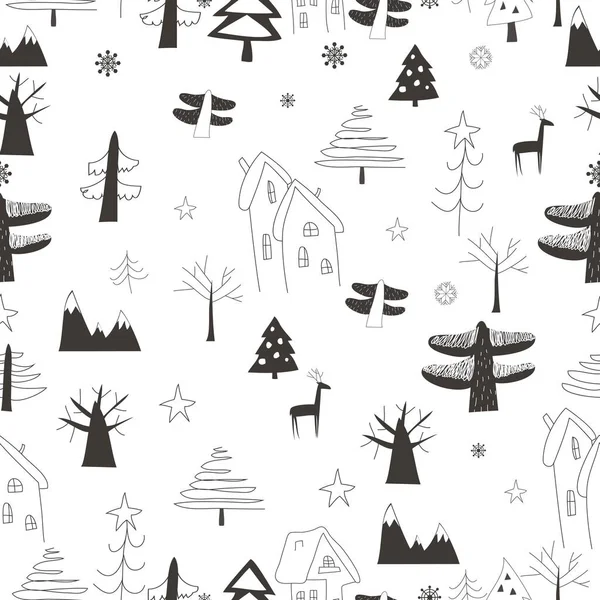Nahtloses Muster mit Dorf im Wald auf weißem Hintergrund — Stockvektor