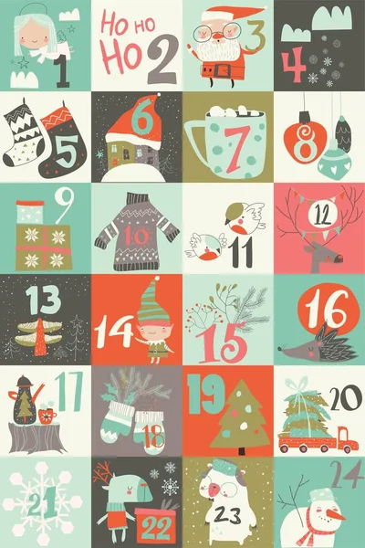 Kalendarz adwentowy z dekoracją świąteczną i postaciami — Wektor stockowy